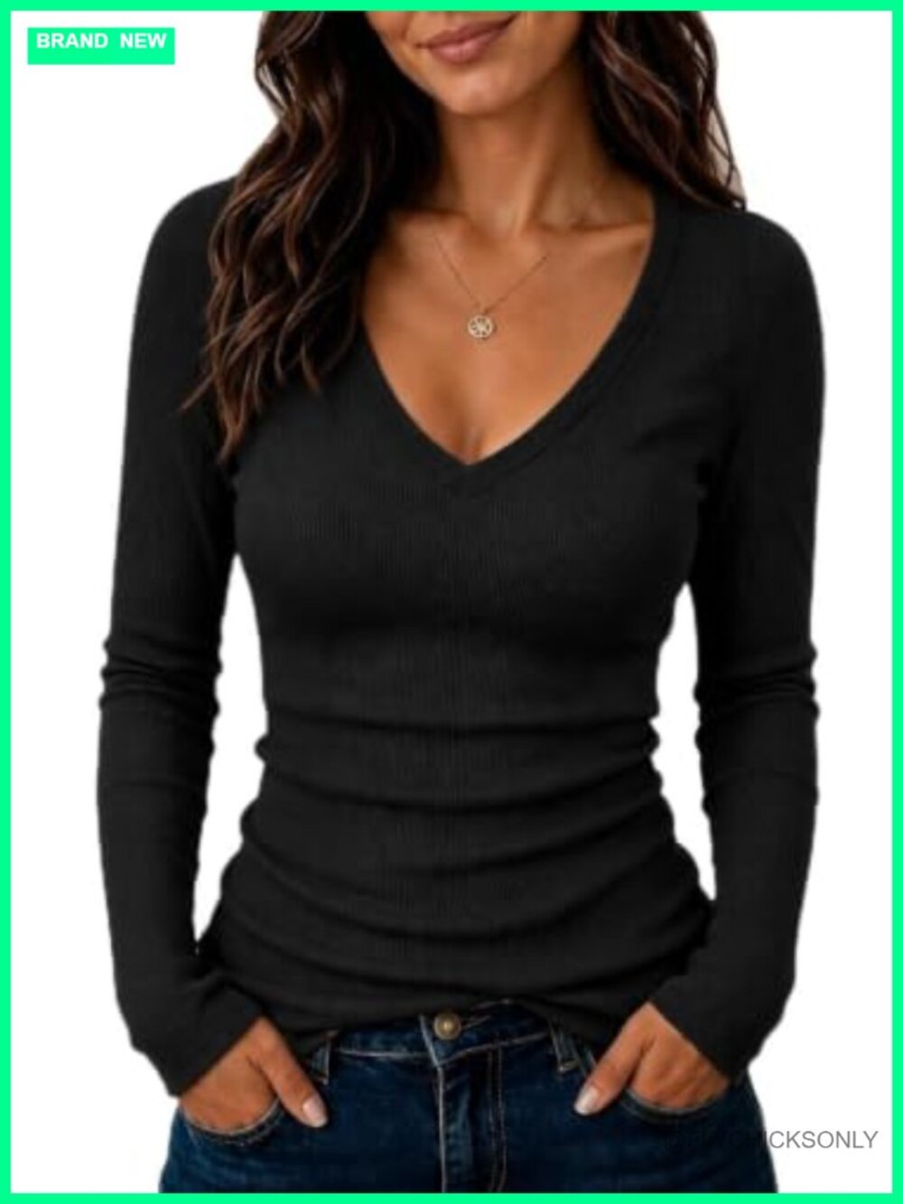 Women's Long Sleeve V-Neck Ribbed Knit Slim Fit Work Top